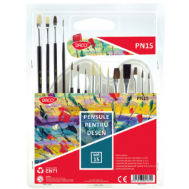 Pensule scolare 15 bucati si paleta acuarela Daco