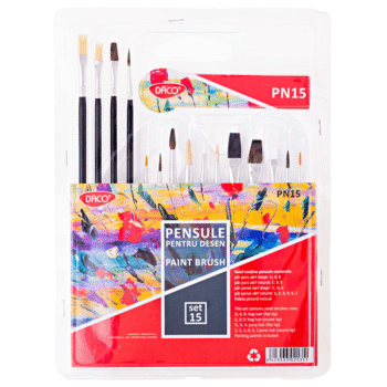 Pensule scolare 15buc si paleta acuarela Daco