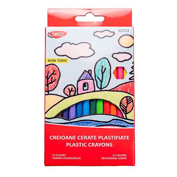 Creioane colorate cerate plastifiate Daco 12 culori radiera si ascutitoare Creioane colorate cerate plastifiate Daco 12 culori radiera si ascutitoare