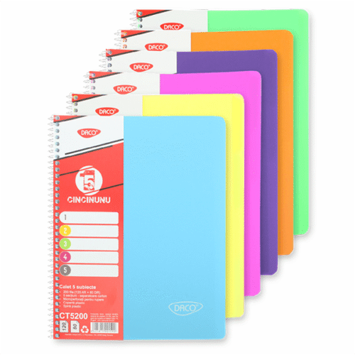 Caiet spira coperta plastic A4 200 file 5 subiecte Daco