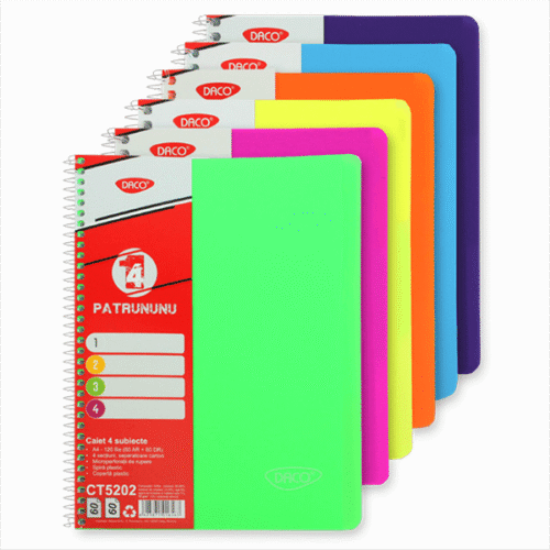 Caiet spira coperta plastic A4 120 file 4 subiecte Daco