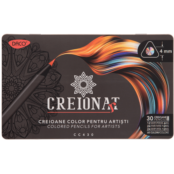 Creioane colorate cutie metalica Daco 30 buc 60 culori